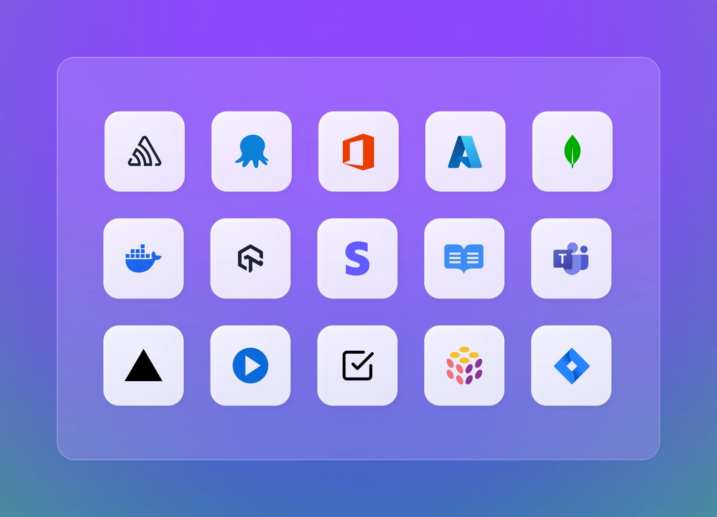 Grid of icons representing various extensions available in the GitHub Marketplace. Icons displayed include logos for Sentry, Octopus Deploy, Microsoft Office, Docker, Microsoft Teams, Azure, MongoDB, and other tools.